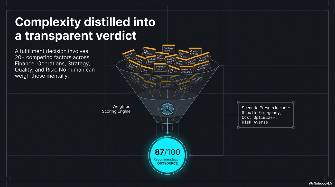 Operational Cost Simulator — three-layer cost model with volume slider and cost-per-order curves