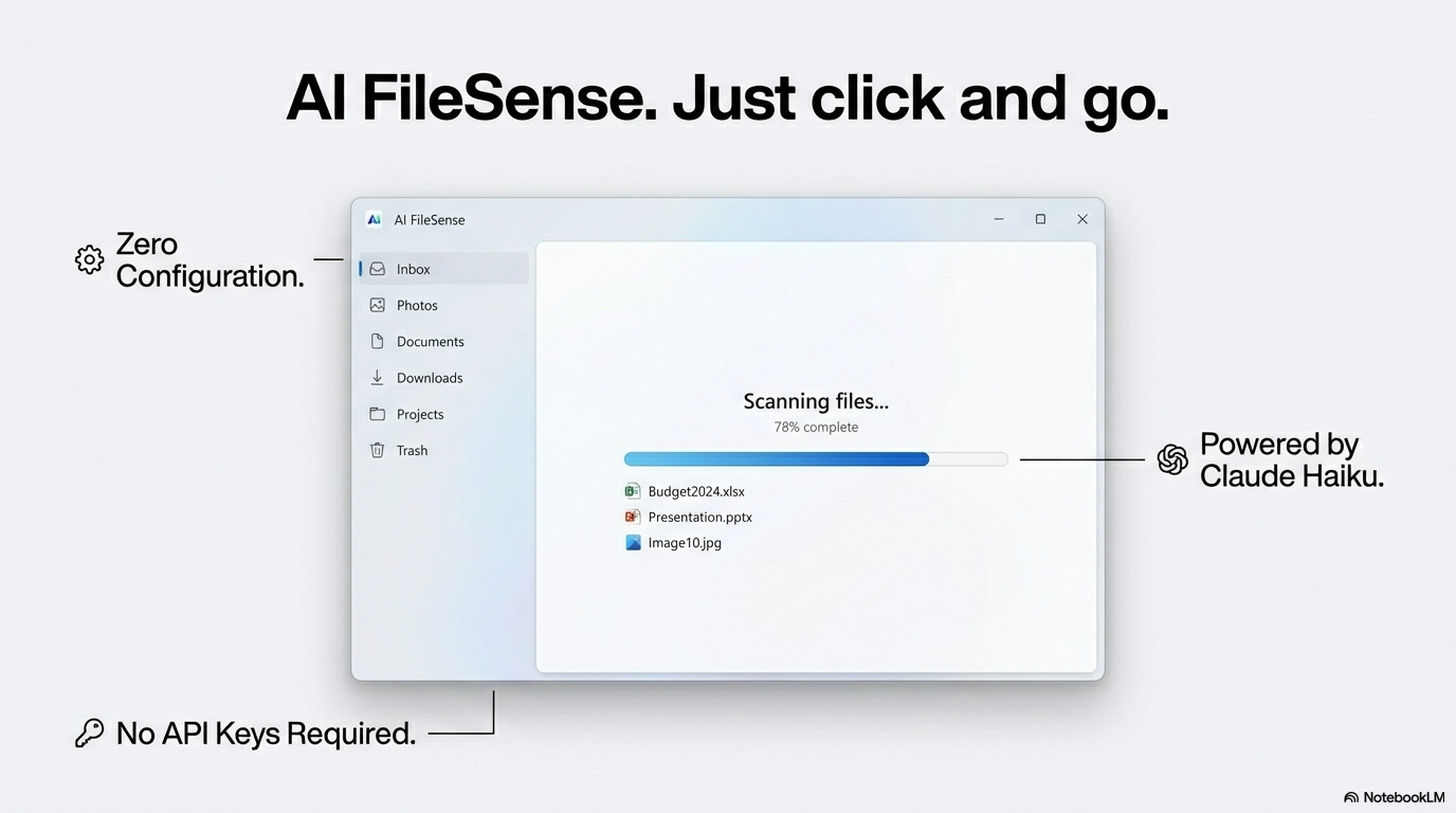 AI FileSense — Just click and go. Zero configuration. Powered by Claude Haiku.