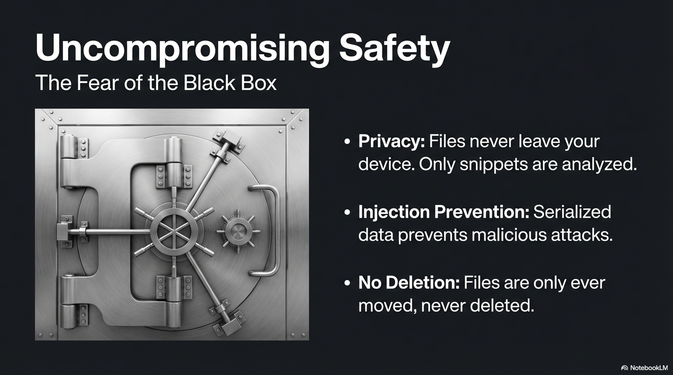 Uncompromising Safety — privacy by design, injection prevention, no files ever deleted