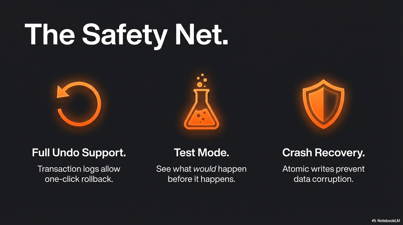 The Safety Net — full undo, test mode, crash recovery with atomic writes