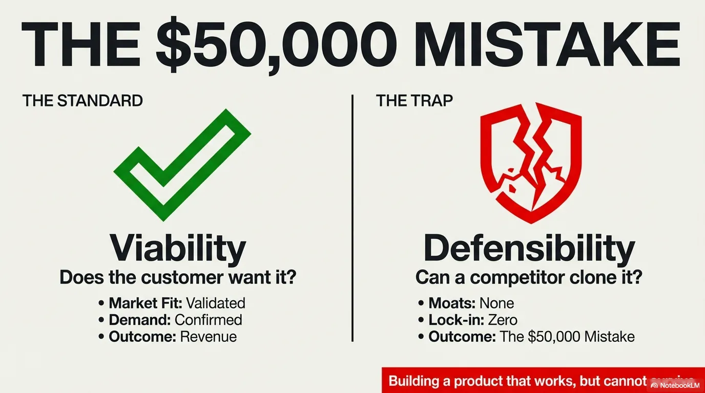 The $50,000 Problem — building something structurally replaceable because nobody asked about defensibility
