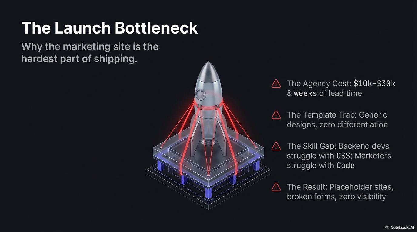 The Launch Bottleneck — agency costs, template trap, skill gap, zero visibility