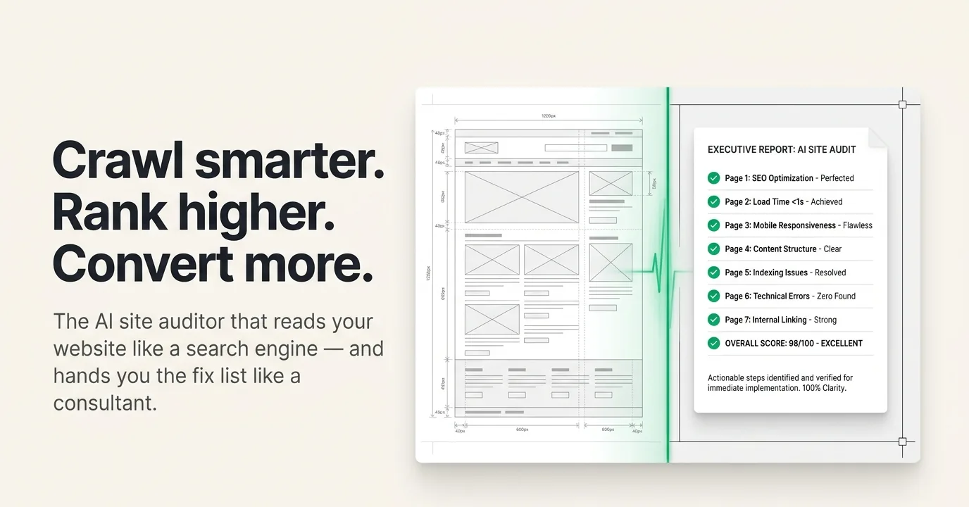 Slide: 'Crawl smarter. Rank higher. Convert more.' — AI WebScraper shown beside an executive AI site-audit report