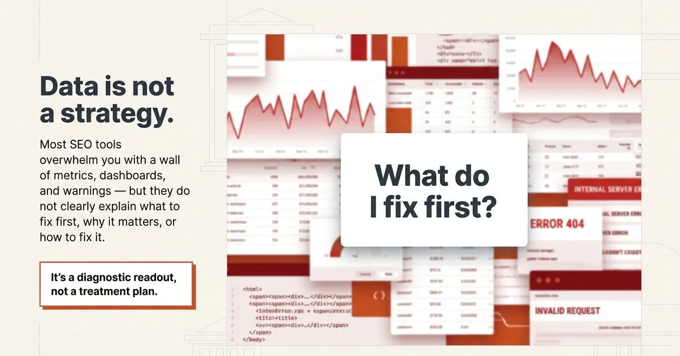 Slide: 'Data is not a strategy' — most SEO tools bury you in metrics; AI WebScraper answers what to fix first