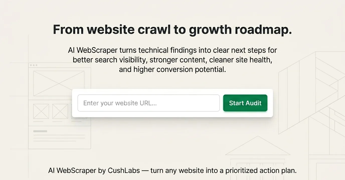 Slide: 'From website crawl to growth roadmap' — enter your website URL and start a free AI audit