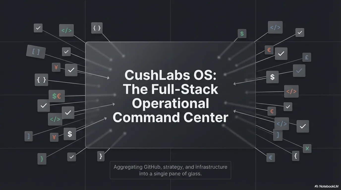 Title slide — CushLabs OS: The Full-Stack Operational Command Center, aggregating GitHub, strategy, and infrastructure into a single pane of glass