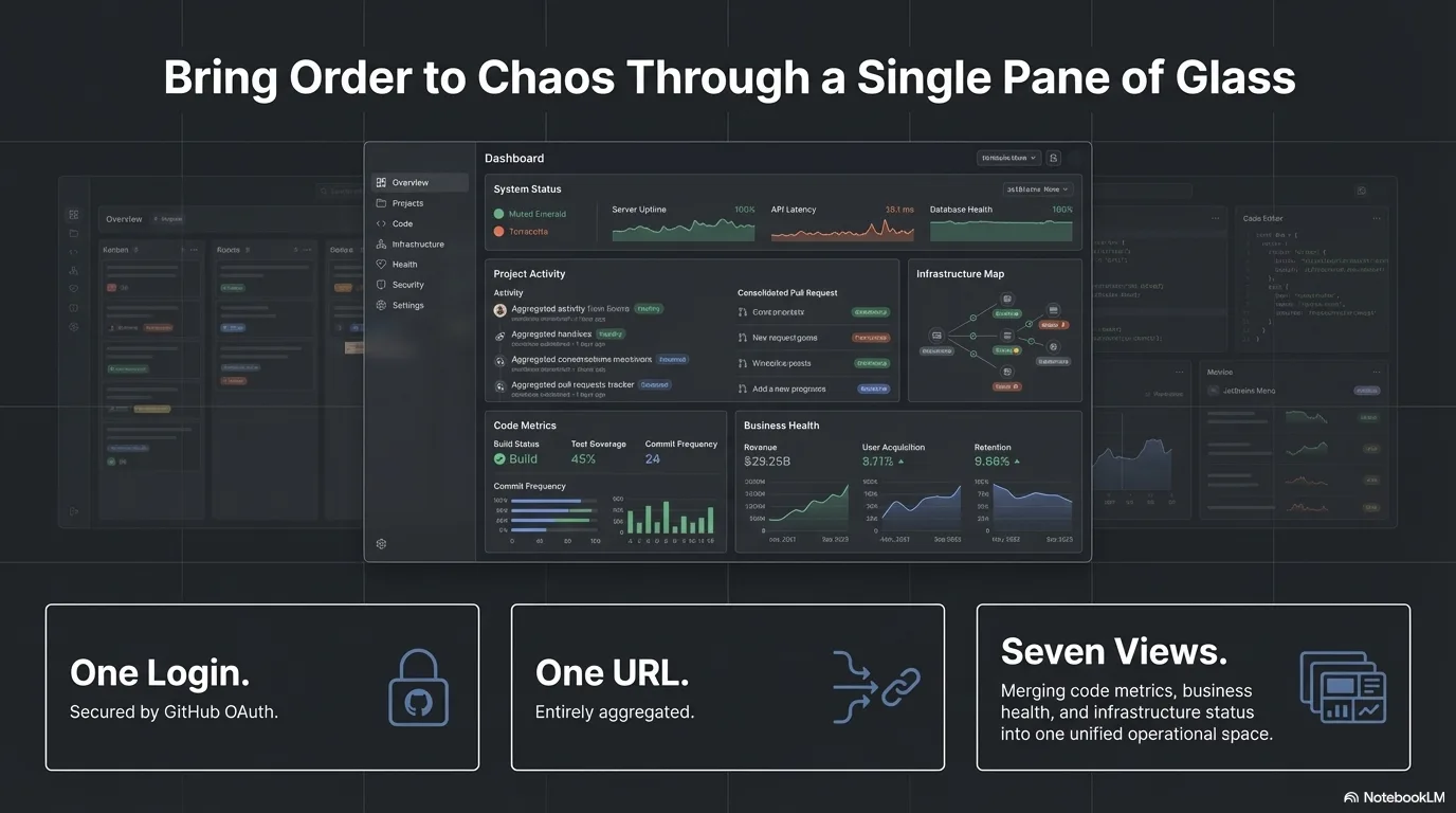 Solution slide — Bring order to chaos through a single pane of glass: one login secured by GitHub OAuth, one URL entirely aggregated, seven views merging code, business, and infrastructure