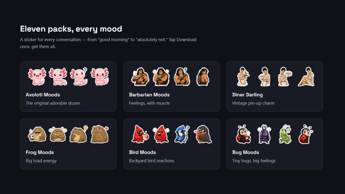 Pack gallery — Axolotl, Barbarian, Diner Darling, Frog, Bird, and Bug Moods packs, each with four preview stickers