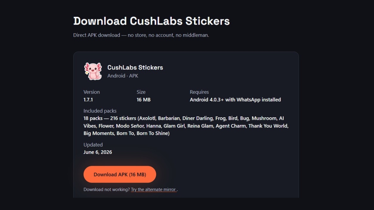 Download page for the CushLabs Stickers Android app — version, size, included packs, and a direct APK download button