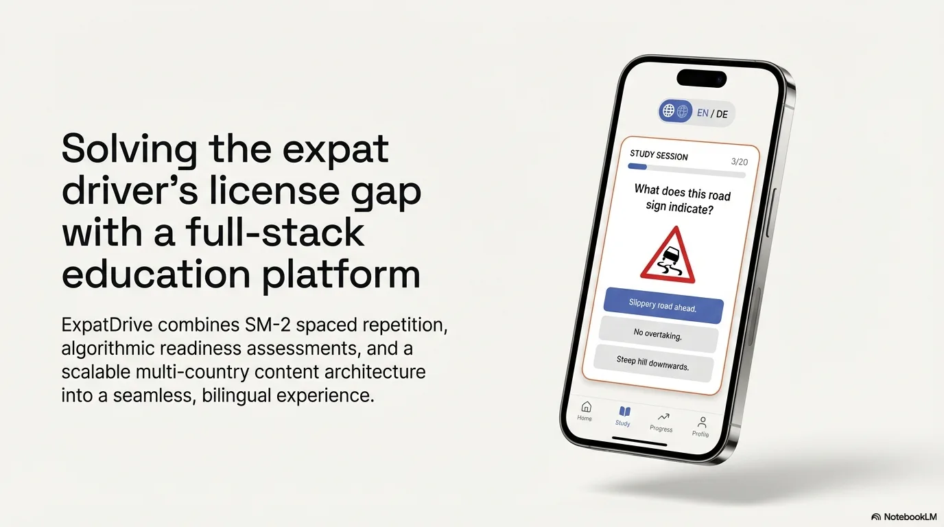 Product overview — mobile study session with road sign quiz and bilingual interface