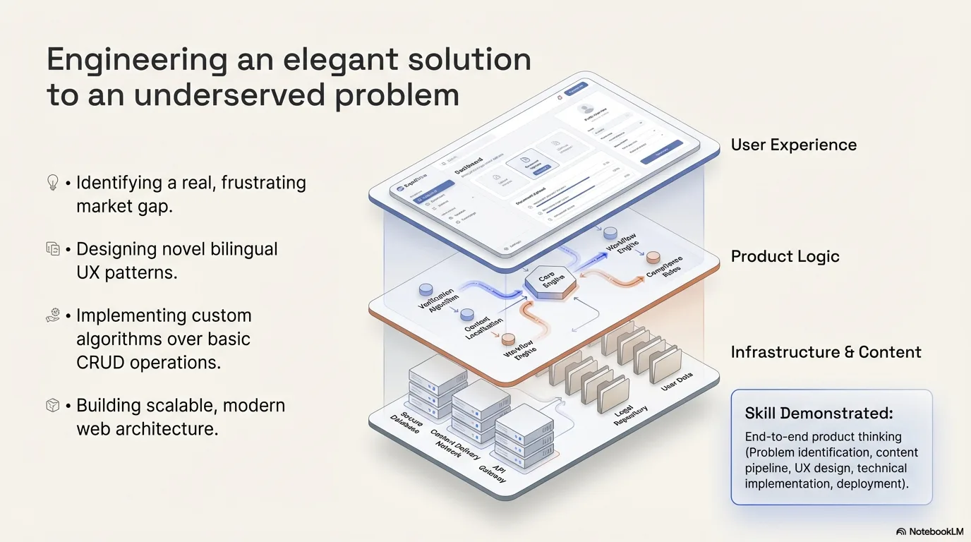 Three-layer architecture diagram — UX, product logic, and infrastructure with skills demonstrated