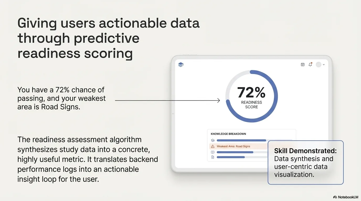 Readiness scoring dashboard showing 72% pass probability with category-level knowledge breakdown