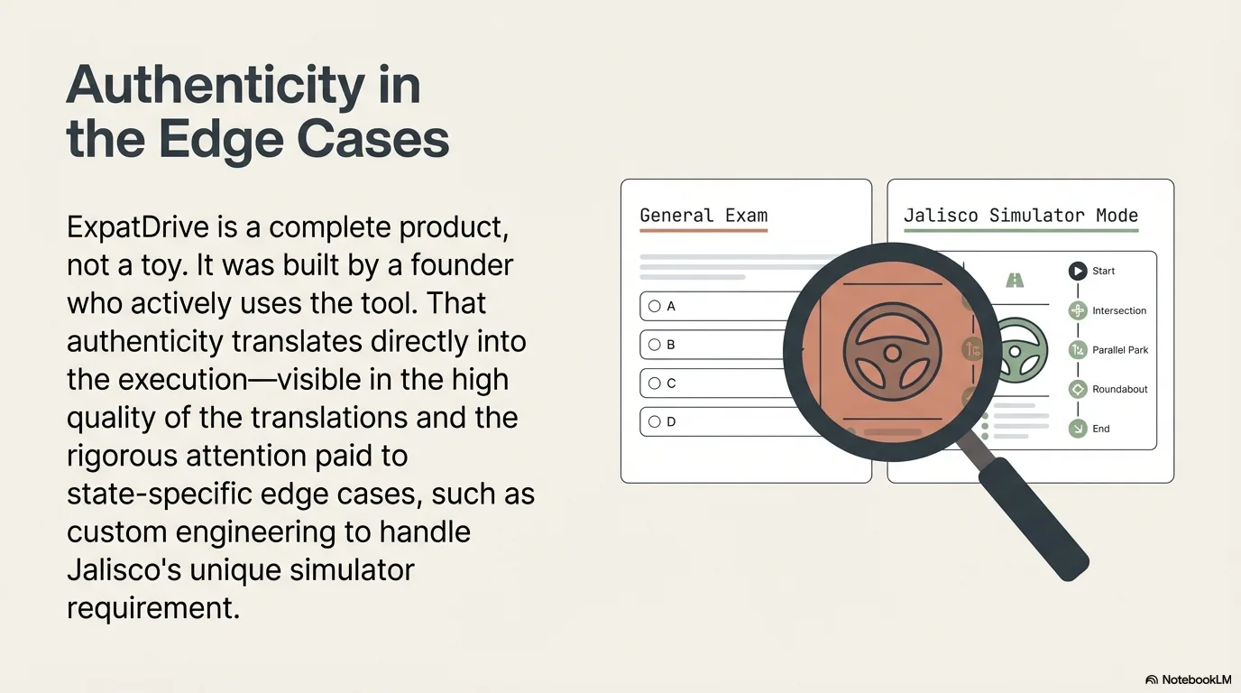 Edge case handling — general exam and Jalisco simulator mode with attention to state-specific requirements
