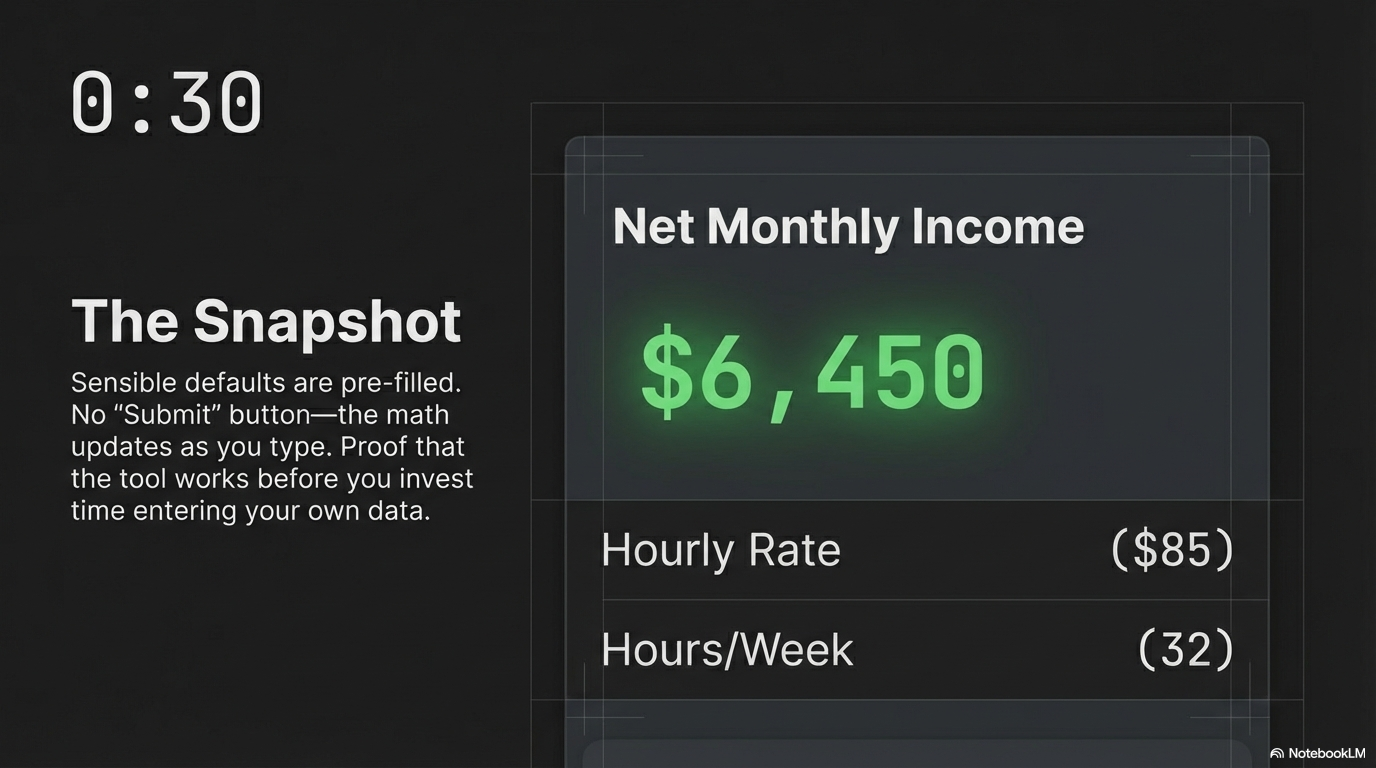 The Snapshot — sensible defaults pre-filled, math updates as you type, proof the tool works in 30 seconds