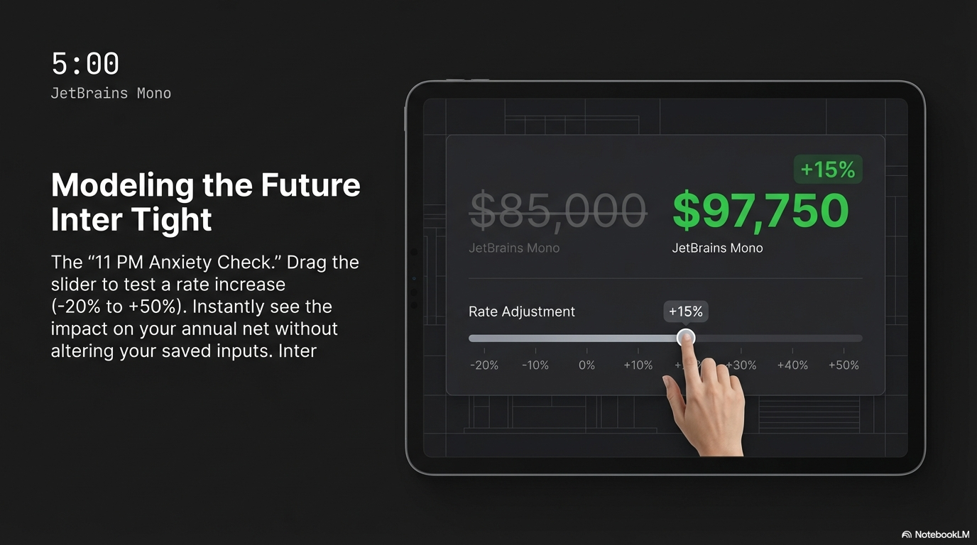 Modeling the future — drag the slider to test rate increases from -20% to +50% and instantly see the impact on annual net
