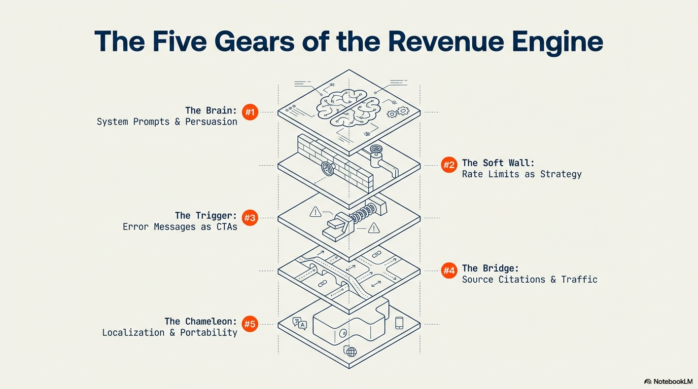 The Five Gears of the Revenue Engine — Brain, Trigger, Chameleon, Soft Wall, Bridge