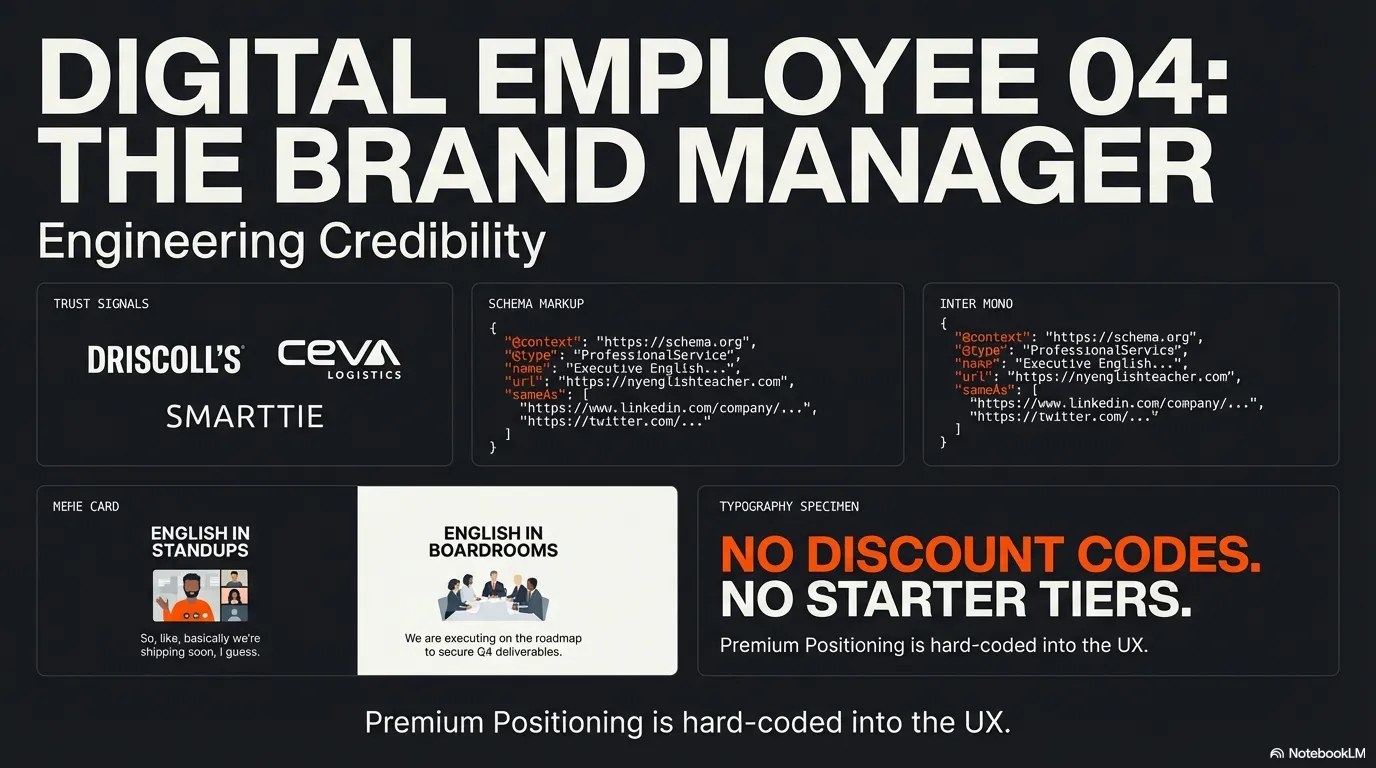 Digital Employee 04: The Brand Manager — Premium positioning hard-coded into the UX with named executive testimonials