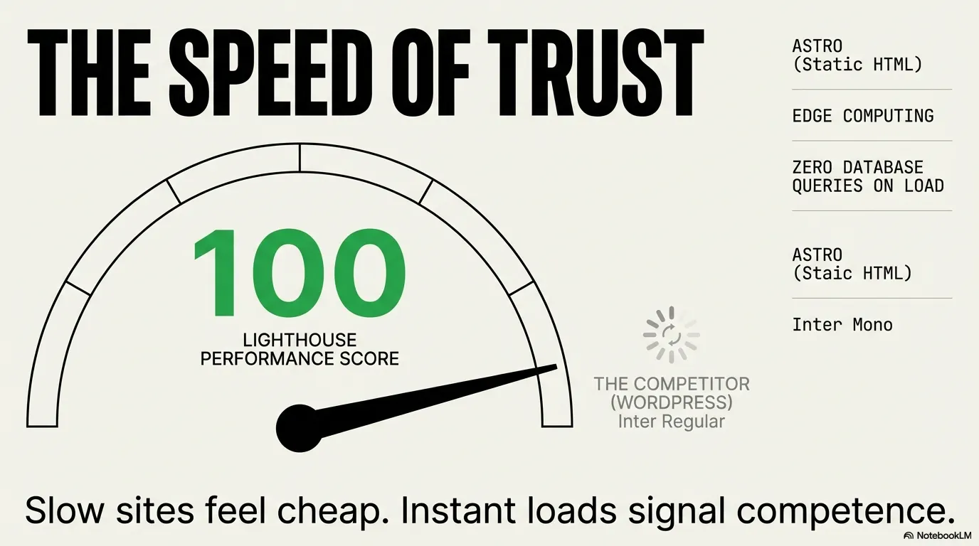The Speed of Trust — Lighthouse 100 performance score, instant loads signal competence to premium buyers