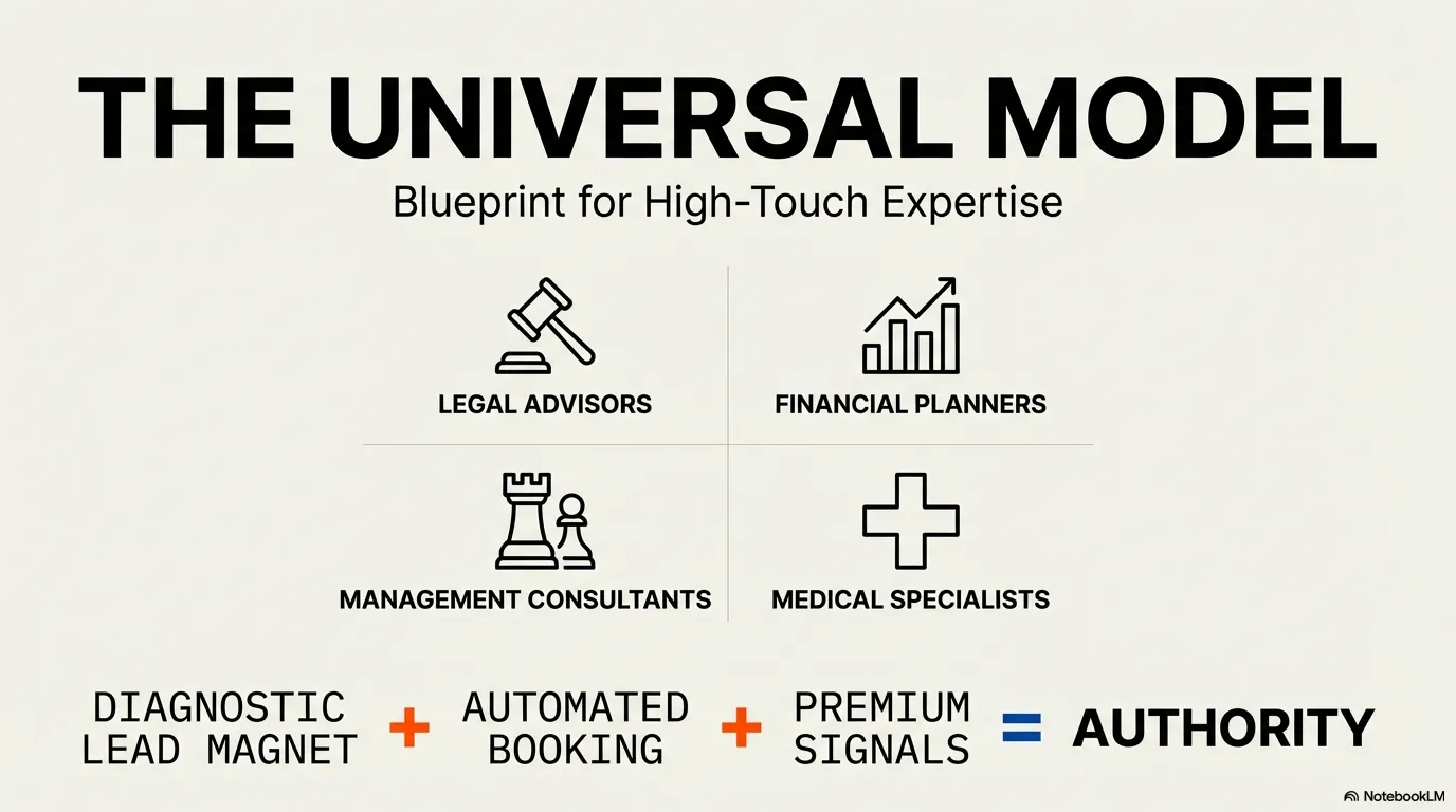 The Universal Model — Blueprint for any high-touch expertise business: diagnostic lead magnet + automated booking + premium signals = authority