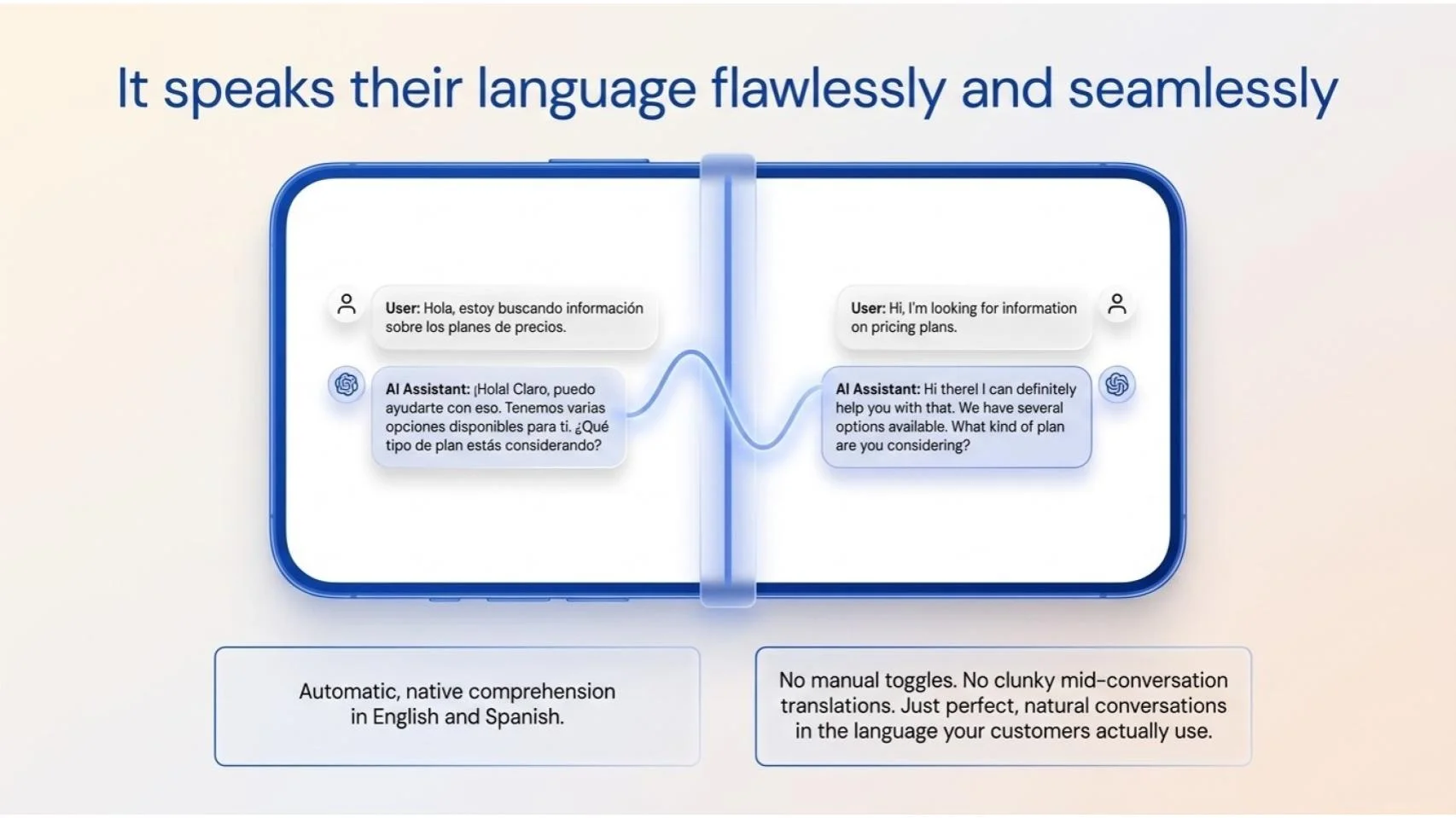 Speaks their language perfectly and without interruption — native bilingual EN/ES with no manual switching.