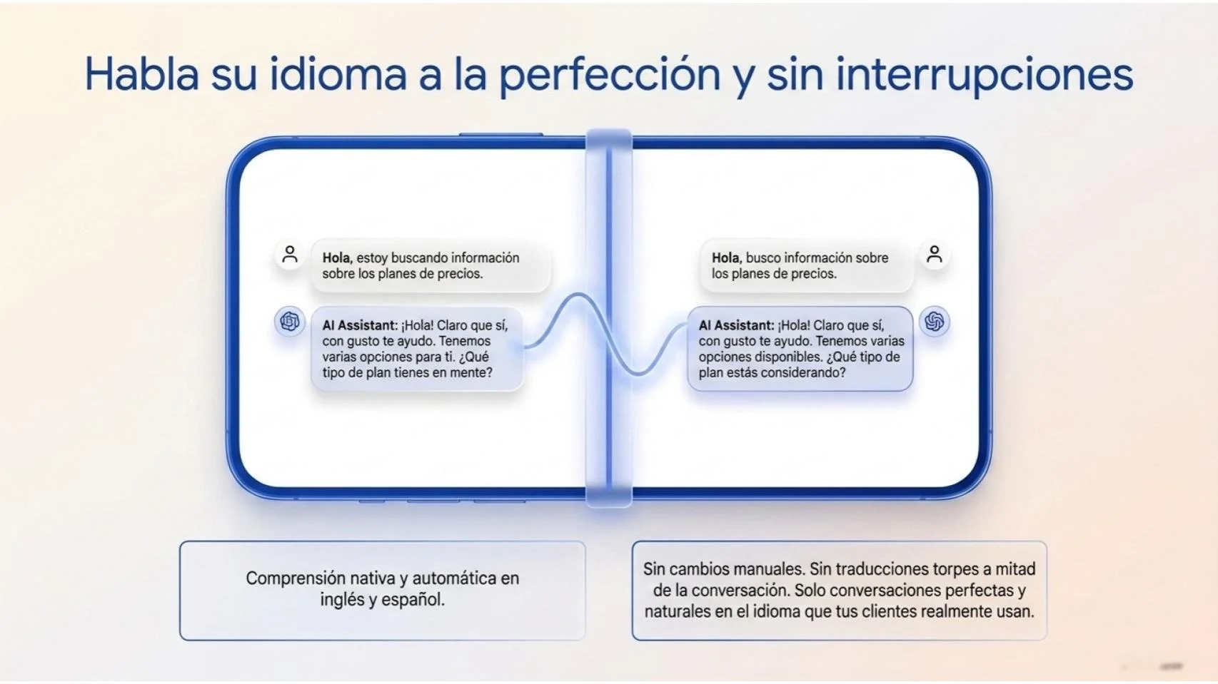 Habla su idioma a la perfección y sin interrupciones — bilingüe nativo EN/ES sin cambios manuales.