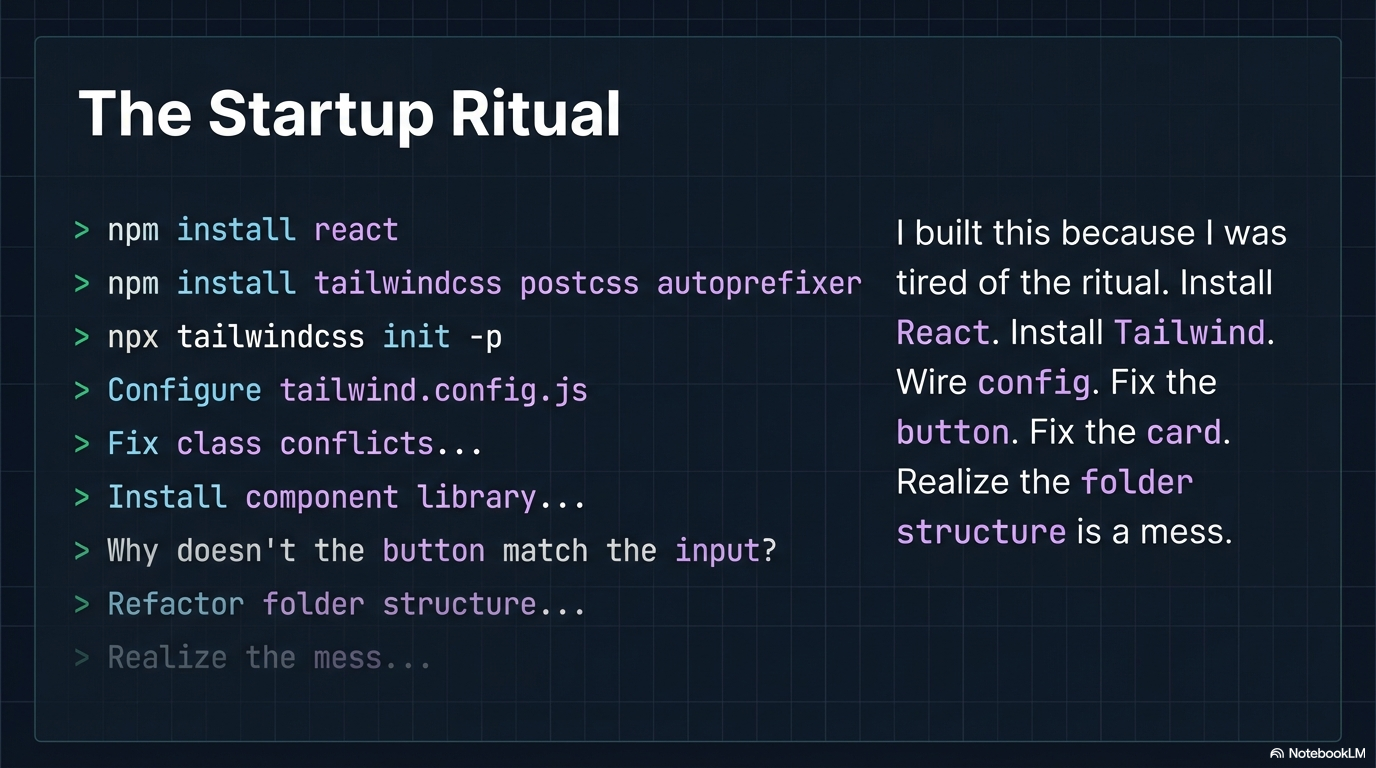 The Startup Ritual — the endless manual setup loop of installing React, configuring Tailwind, fixing class conflicts, and wiring component libraries