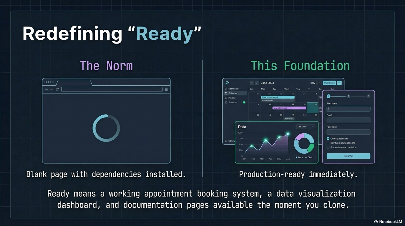 Redefining Ready — the norm is a blank page with dependencies installed, this foundation is production-ready immediately