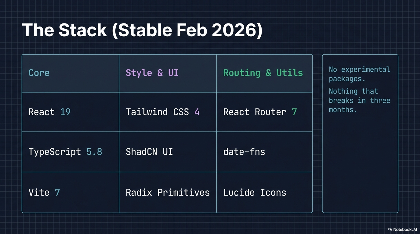 The Stack — React 19, TypeScript 5.8, Vite 7, Tailwind CSS 4, ShadCN UI, React Router 7, no experimental packages