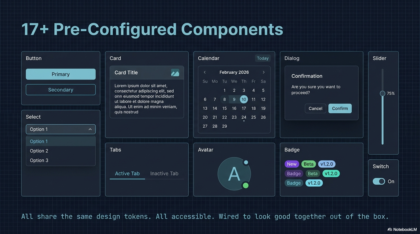 17+ pre-configured components — buttons, cards, calendars, dialogs, sliders, tabs, avatars, badges, and switches, all accessible