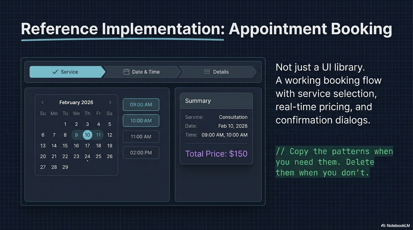 Reference implementation — a working appointment booking flow with service selection, calendar, time slots, pricing, and confirmation