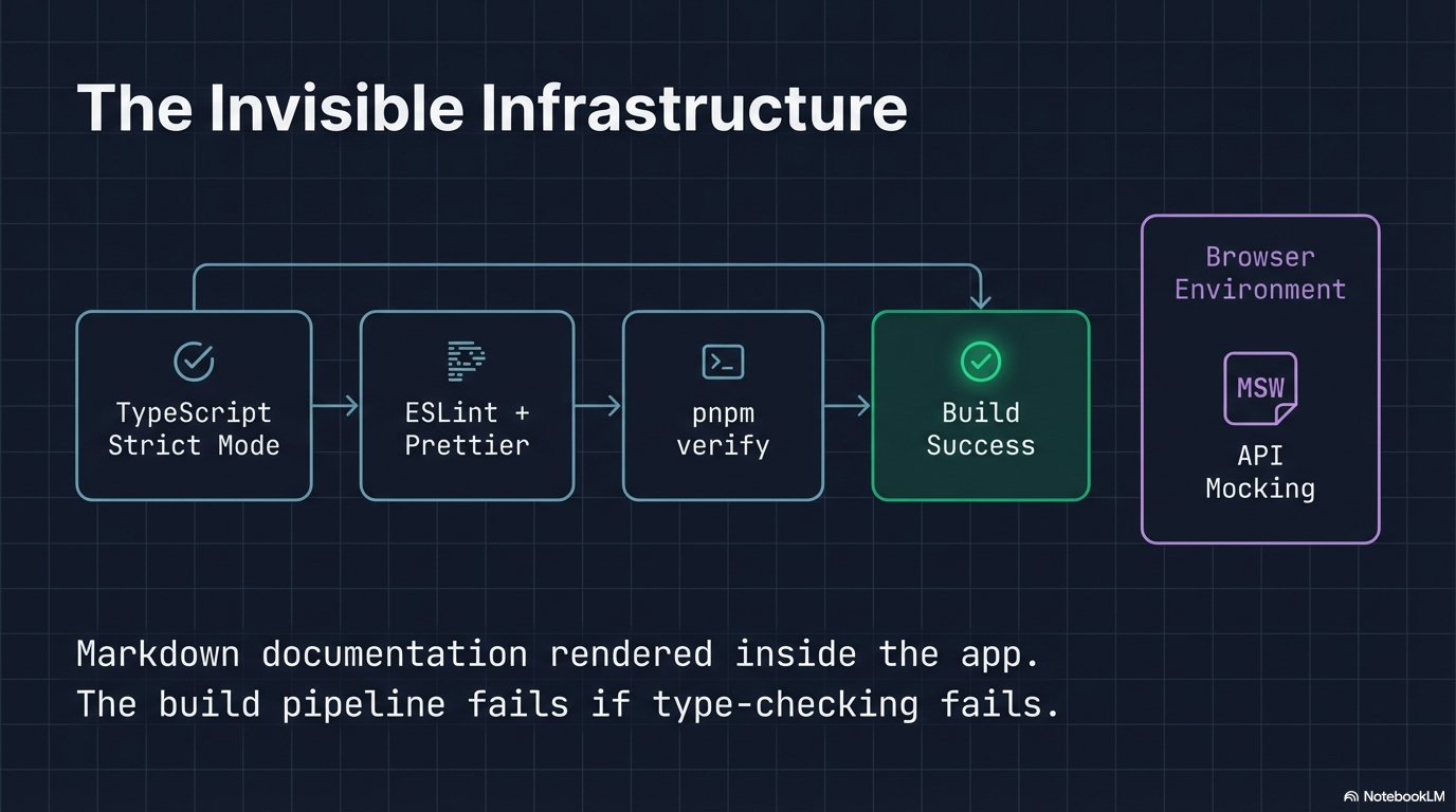 The invisible infrastructure — TypeScript strict mode, ESLint, Prettier, pnpm verify, and MSW API mocking in the build pipeline