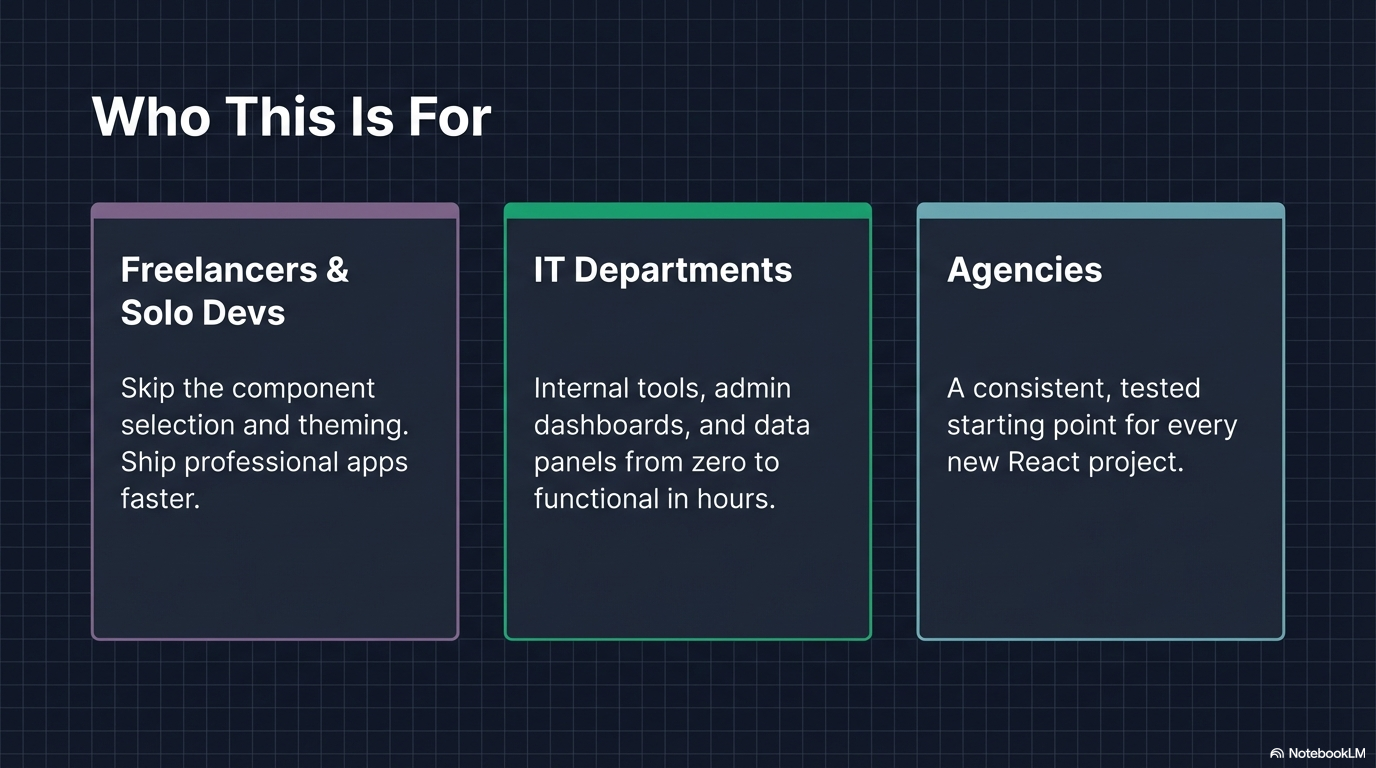 Who this is for — freelancers and solo devs, IT departments building internal tools, and agencies needing a consistent starting point