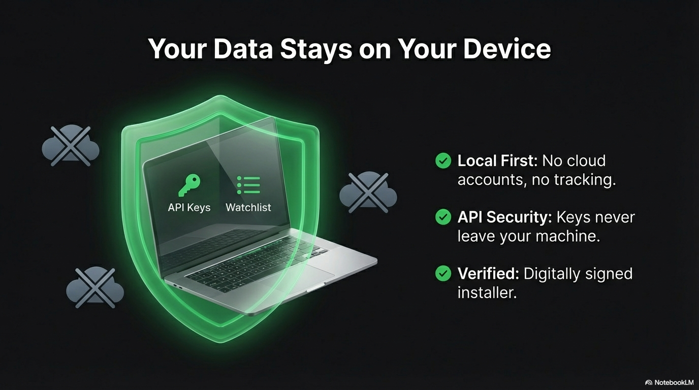 Your Data Stays on Your Device — local first, no cloud accounts, API keys never leave your machine