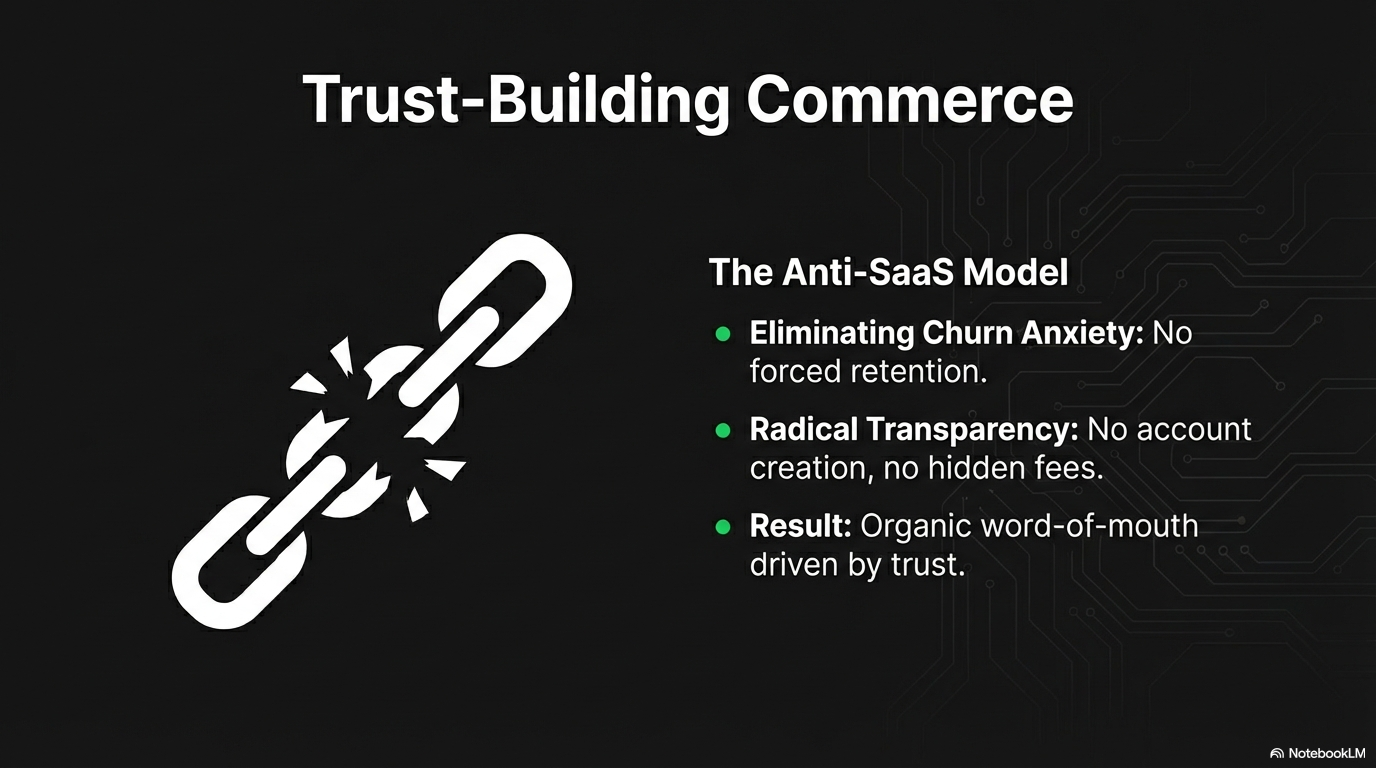 Trust-Building Commerce — the anti-SaaS model with no forced retention, no account creation, no hidden fees