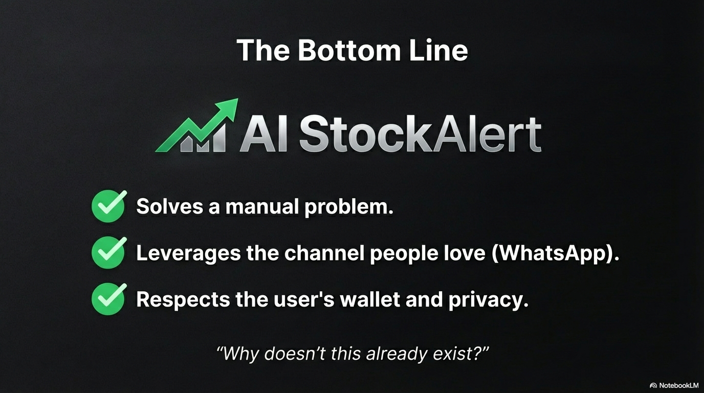 The Bottom Line — solves a manual problem, leverages WhatsApp, respects the user's wallet and privacy
